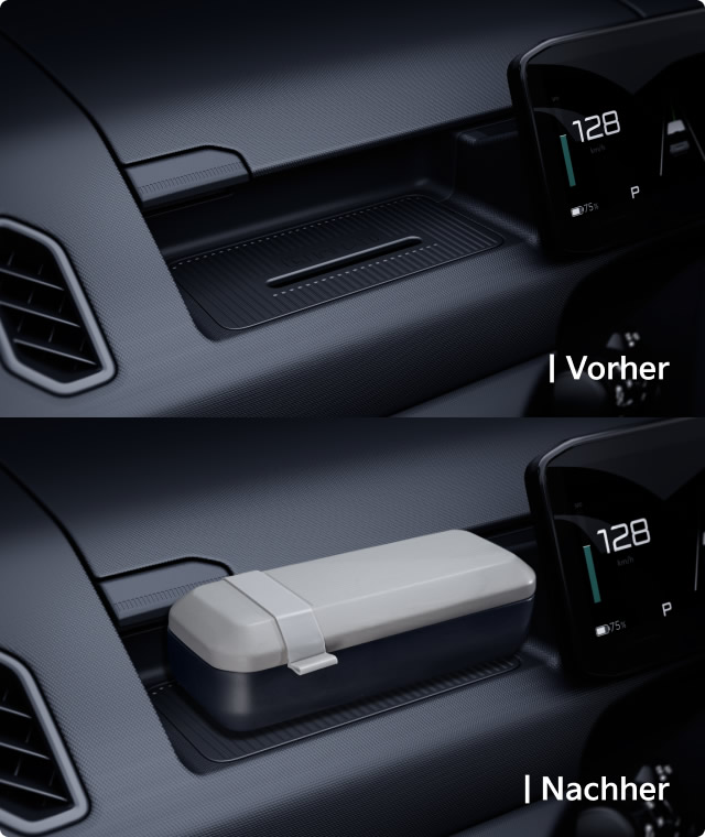 Armaturenbrett mit AddGear und Sonnenbrillenetui Dargestellt mit und ohne montiertes Etui.